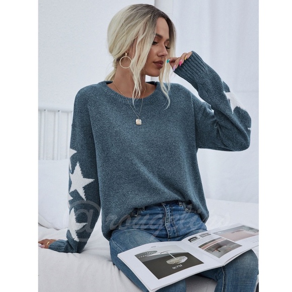 Star Print Knit Sweater Pullover Long Sleeve White on Blue - Picture 4 of 7